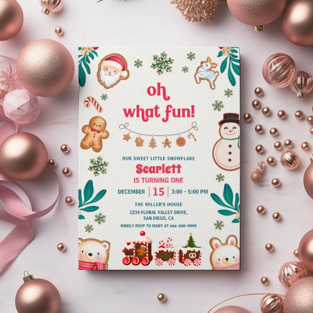 Invitación Oh Qué Diversión Cumpleaños de Invierno Navidad Ga (Oh what fun winter Christmas 1st birthday party invitation)