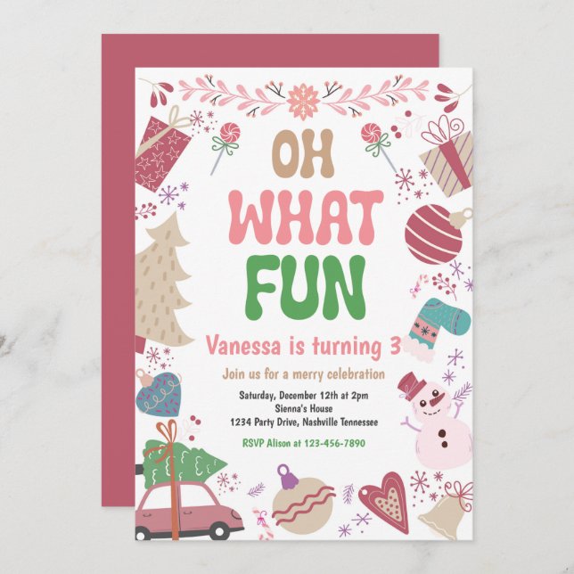 Invitación Oh Qué Diversión | Fiesta de cumpleaños de inviern (Anverso / Reverso)