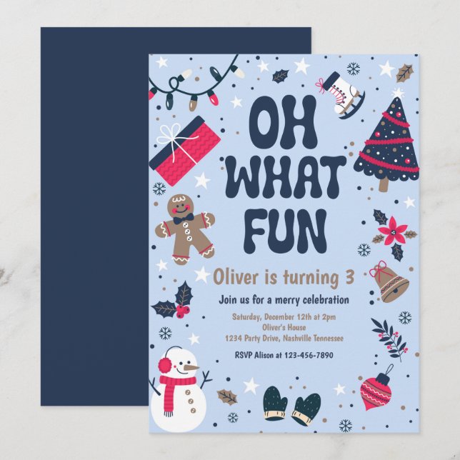 Invitación Oh Qué Diversión | Fiesta de cumpleaños de inviern (Anverso / Reverso)