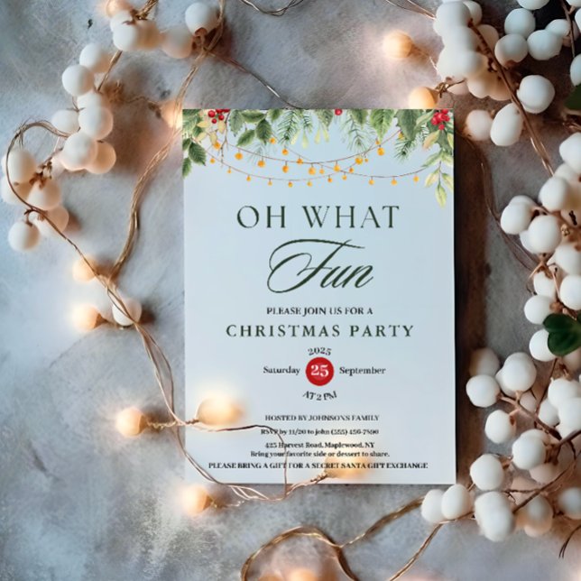 Invitación Oh Qué Diversión Luces de Cadena de Verdor Fiesta  (Oh What Fun Greenery String Light Christmas Party Invitation holiday holly berries botanical branch )