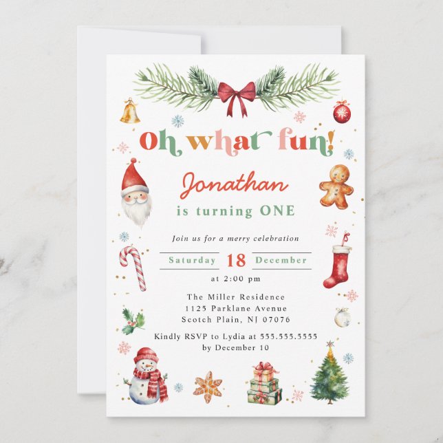 Invitación Oh Qué Diversión Primera Fiesta de Cumpleaños de N (Anverso)