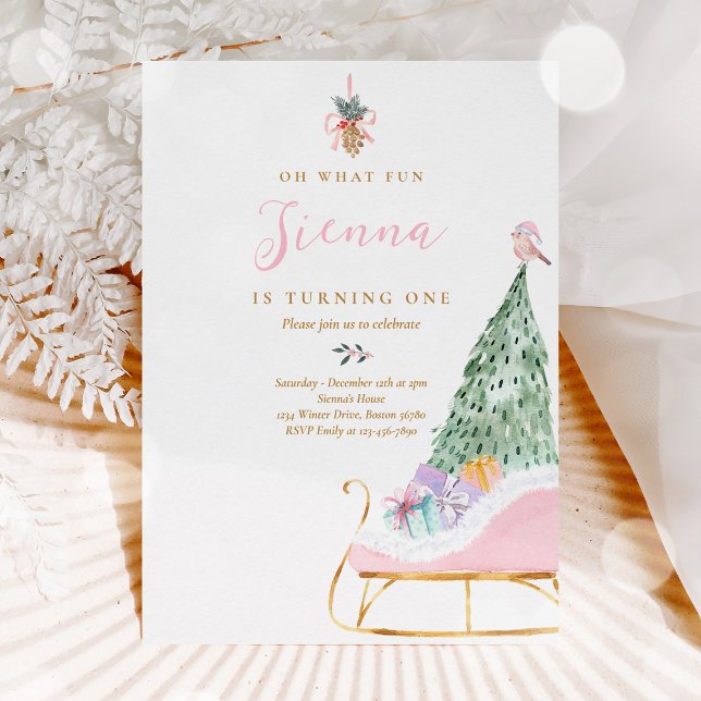 Invitación Oh Qué Diversión Rosa y Oro Invierno Sleigh Cumple (Subido por el creador)