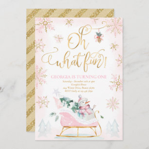 Invitación Oh Qué Diversión Rosa y Oro Invierno Sleigh Cumple