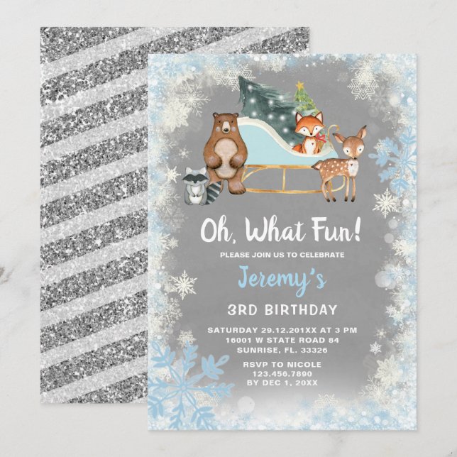 Invitación Oh Qué Divertido Animal De Woodland Snowflakes Sle (Anverso / Reverso)