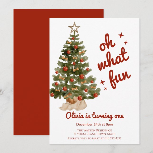 Invitación Oh qué divertido árbol cumpleaños de Navidad  (Anverso / Reverso)