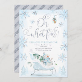 Invitación Oh Qué Divertido Blue & Silver Invierno Sleigh Cum