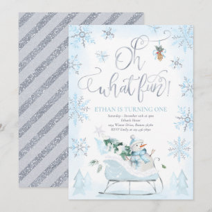 Invitación Oh Qué Divertido Blue & Silver Invierno Sleigh Cum