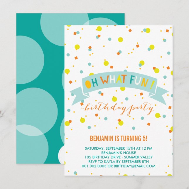 Invitación Oh Qué Divertido Confetti Niños Invitan Fiesta de  (Anverso / Reverso)