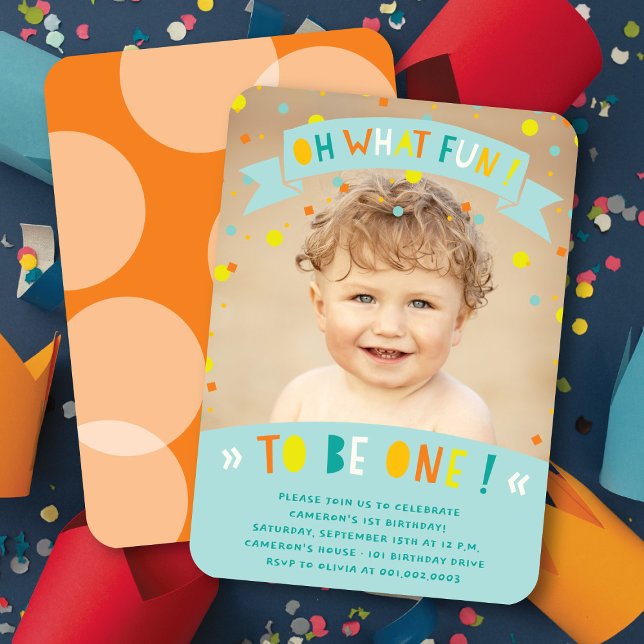 Invitación Oh Qué Divertido Confetti Primer Invitado De Fiest (Oh What Fun To Be One Colorful Confetti Photo Boy 1st Birthday Party Invitation @ fatfatin)