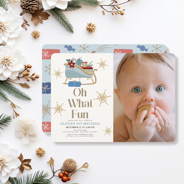 Invitación Oh Qué Divertido Holiday Blue Sleigh Foto Primer C (Subido por el creador)