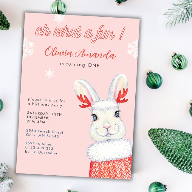 Invitación Oh Qué Divertido Invierno Rosa Primer Cumpleaños (Subido por el creador)
