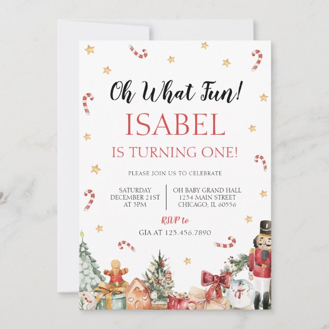Invitación Oh Qué Divertido Navidades Fiesta de Cumpleaños (Anverso)