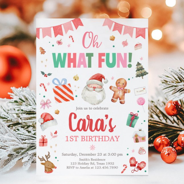 Invitación Oh Qué Divertido Navidades Fiesta de Cumpleaños (Oh What Fun Santa Christmas Birthday Party Invitation)