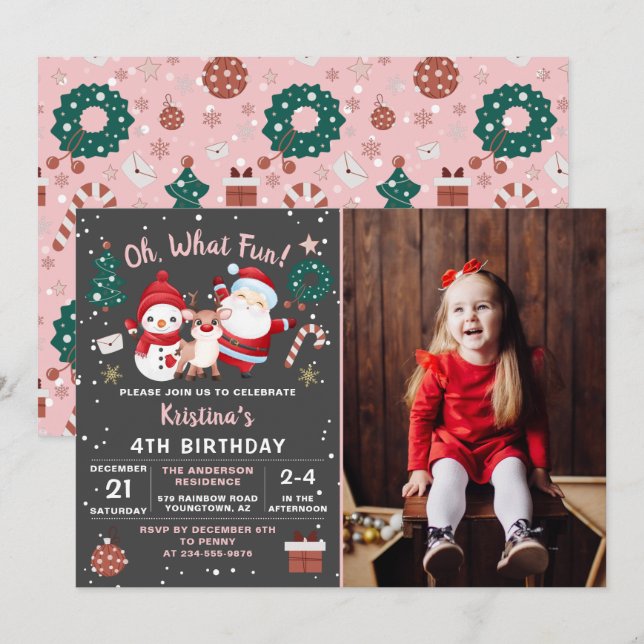 Invitación Oh Qué Divertido Navidades Negros Rosa Foto De Cum (Anverso / Reverso)