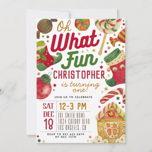Invitación Oh Qué Divertidos Navidades del primer cumpleaños (Anverso)