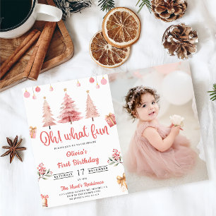Invitación Oh Qué Divertidos Navidades Pink Tree Birday Photo