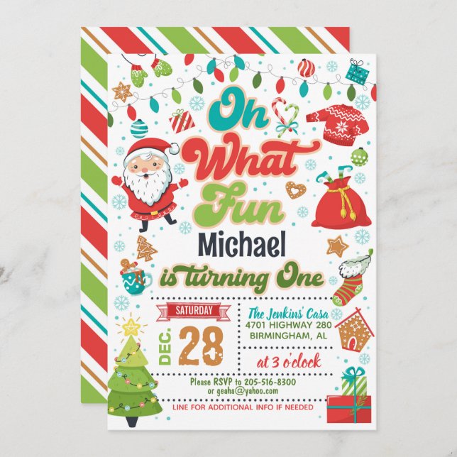 Invitación Oh Qué Navidades Divertidos Primer Cumpleaños (Niñ (Anverso / Reverso)