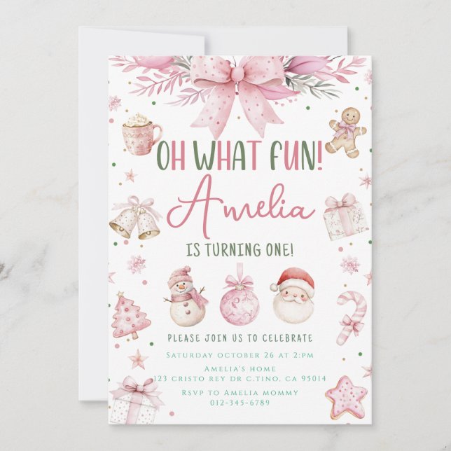 Invitación Oh Qué Navidades Rosa Divertidos Primer Cumpleaños (Anverso)