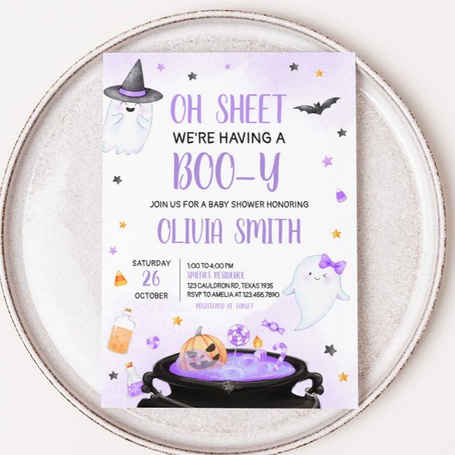 Invitación Oh Sheet Boo-y Halloween Baby Shower (Purple Oh Sheet Boo-y Ghoul Baby Shower Invitation
)