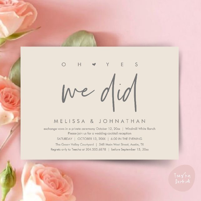 Invitación Oh sí lo hicimos, baile de la cena de la recepción (Oh yes we did, Modern Wedding Reception Dinner Dancing Minimalist Invitation Card PDF Cream Grey)