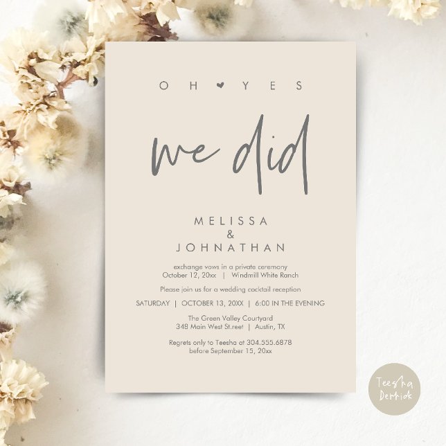 Invitación Oh sí lo hicimos, baile de la cena de la recepción (Oh yes we did, Modern Wedding Reception Dinner Dancing Minimalist Invitation Card PDF Cream Grey)