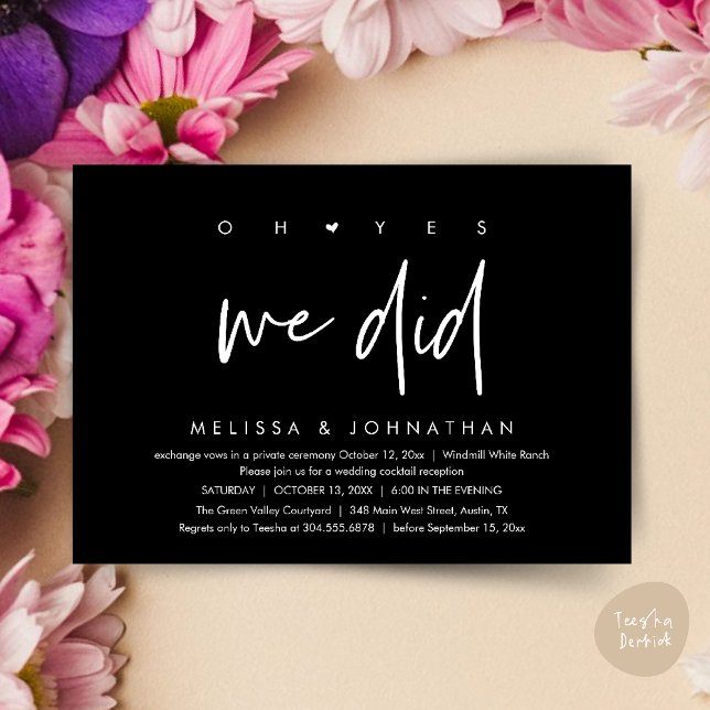 Invitación Oh sí lo hicimos, baile de la cena de la recepción (Oh yes we did, Modern Wedding Reception Dinner Dancing Minimalist Invitation Card PDF Classy Black)