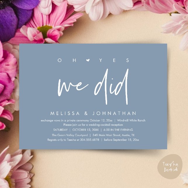 Invitación Oh sí lo hicimos, baile de la cena de la recepción (Oh yes we did, Modern Wedding Reception Dinner Dancing Minimalist Invitation Card PDF Dusty Blue)