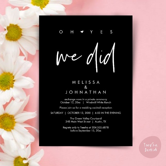 Invitación Oh sí lo hicimos, baile de la cena de la recepción (Oh yes we did, Modern Wedding Reception Dinner Dancing Minimalist Invitation Card PDF Classy Black)