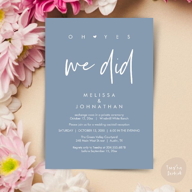 Invitación Oh sí lo hicimos, baile de la cena de la recepción (Oh yes we did, Modern Wedding Reception Dinner Dancing Minimalist Invitation Card PDF Dusty Blue)