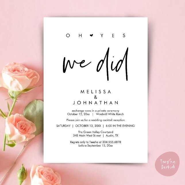 Invitación Oh sí lo hicimos, baile de la cena de la recepción (Oh yes we did, Modern Wedding Reception Dinner Dancing Minimalist Invitation Card PDF Black White)