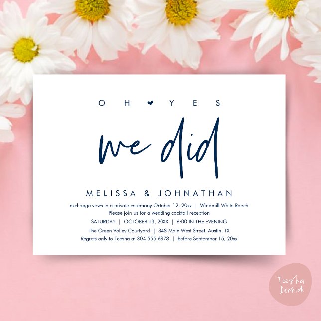 Invitación Oh sí lo hicimos, baile de la cena de la recepción (Oh yes we did, Modern Wedding Reception Dinner Dancing Minimalist Invitation Card PDF Navy Blue)