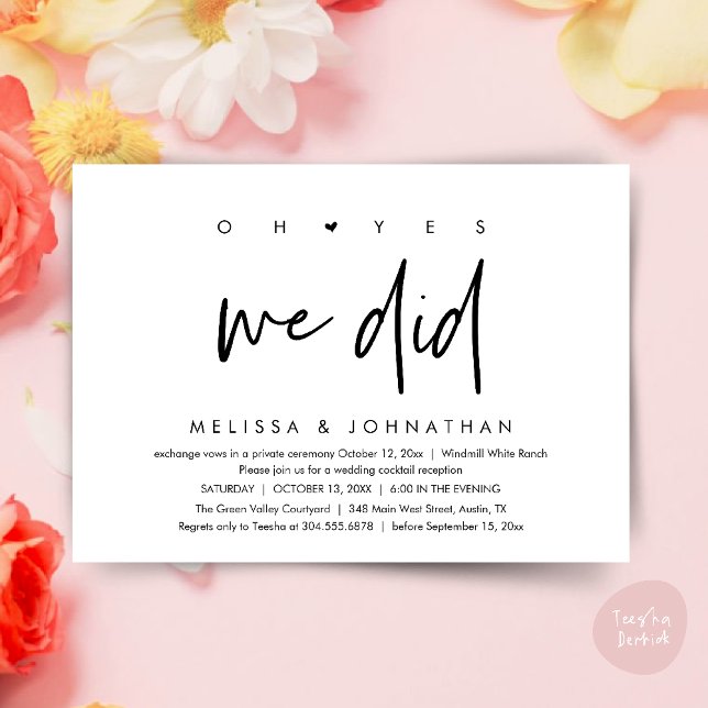 Invitación Oh sí lo hicimos, baile de la cena de la recepción (Oh yes we did, Modern Wedding Reception Dinner Dancing Minimalist Invitation Card PDF Black White)