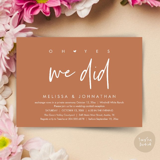 Invitación Oh sí lo hicimos, baile de la cena de la recepción (Oh yes we did, Modern Wedding Reception Dinner Dancing Minimalist Invitation Card PDF Brown Copper)