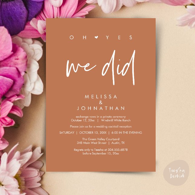 Invitación Oh sí lo hicimos, baile de la cena de la recepción (Oh yes we did, Modern Wedding Reception Dinner Dancing Minimalist Invitation Card PDF Brown Copper)