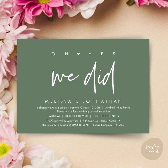 Invitación Oh sí lo hicimos, baile de la cena de la recepción (Oh yes we did, Modern Wedding Reception Dinner Dancing Minimalist Invitation Card PDF Sage Green)