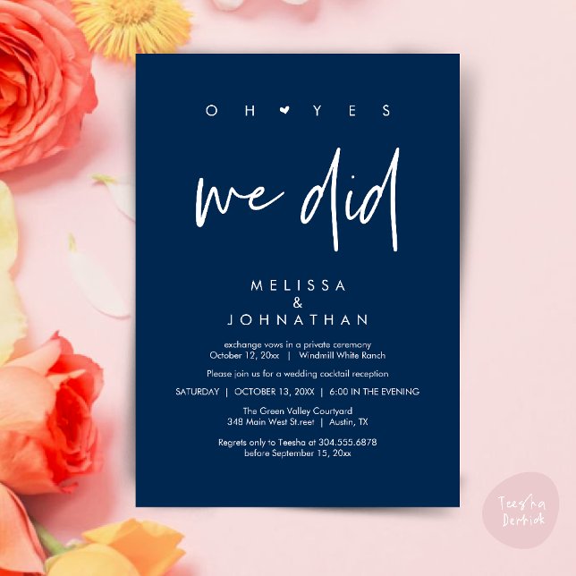 Invitación Oh sí lo hicimos, baile de la cena de la recepción (Oh yes we did, Modern Wedding Reception Dinner Dancing Minimalist Invitation Card PDF Navy Blue)