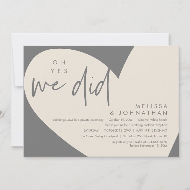 Invitación Oh sí lo hicimos, cena de recepción de bodas moder (Anverso)