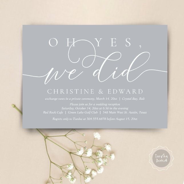 Invitación Oh Sí, Lo Hicimos, Cena Romántica de Boda Fugaz (Oh Yes, We Did, Wedding Elopement Dinner Invitation Card, PDF, Modern Romantic, in Chill Grey)