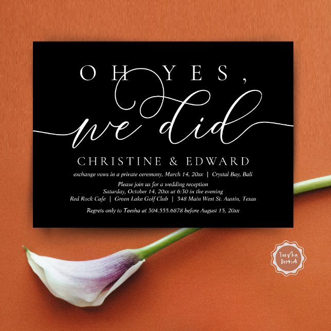 Invitación Oh Sí, Lo Hicimos, Cena Romántica de Elopamiento d (Oh Yes, We Did, Wedding Elopement Dinner Invitation Card, PDF, Modern Romantic, in Elegant Black)