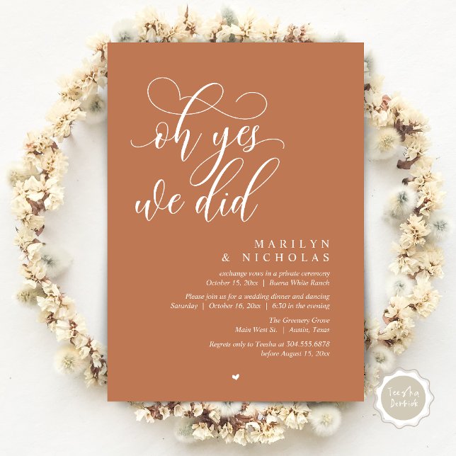 Invitación Oh Sí, Lo Hicimos, Fiesta de Cena de Boda Fugaz (Oh Yes, We Did, Wedding Elopement Dinner Romantic Modern Party Invitation Card PDF Copper Brown)