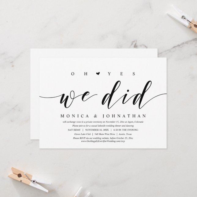 Invitación Oh sí, lo hicimos, fiesta de cena de boda secreta (Anverso/Reverso In Situ)