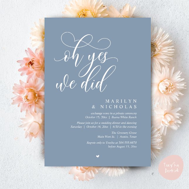 Invitación Oh sí, lo hicimos, Fiesta de cena de boda secreta (Oh Yes, We Did, Wedding Elopement Dinner Romantic Modern Party Invitation Card PDF Dusty Blue)