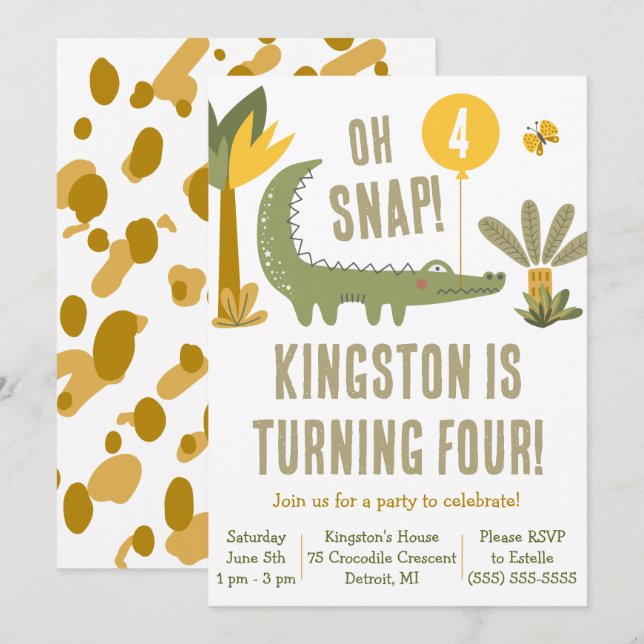 Invitación ¡Oh Snap! Alligador, cocodrilo, cumpleaños del pan (Anverso / Reverso)