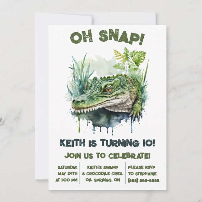 Invitación ¡Oh Snap! Ligador, fiesta de cumpleaños de cocodri (Anverso)