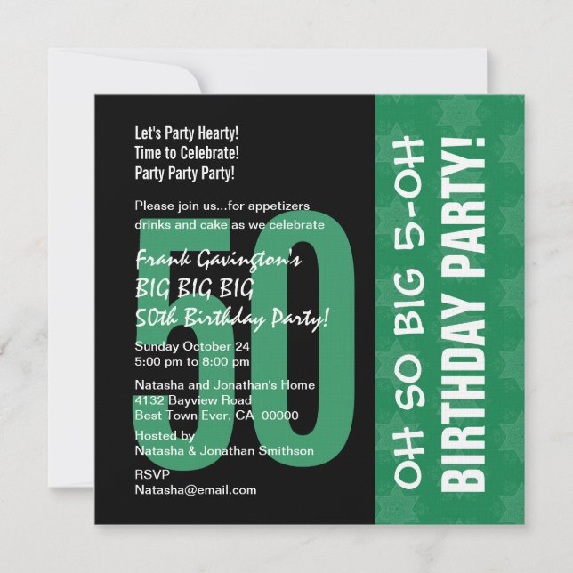 Invitación Oh Tan grande 5 o 50 cumpleaños verde y negro (Anverso)