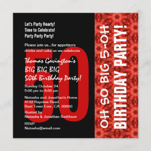 Invitación Oh Tan grande patrón negro y rojo de los 50 años