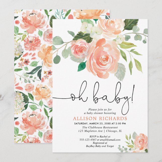 Invitación Oh verdor floral del melocotón de la fiesta de (Anverso / Reverso)