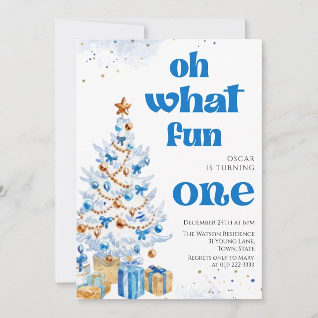 Invitación Oh what fun Blue tree christmas birthday  (Anverso)