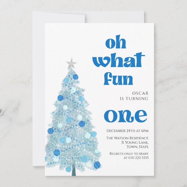 Invitación Oh what fun Blue tree christmas Boy birthday  (Anverso)