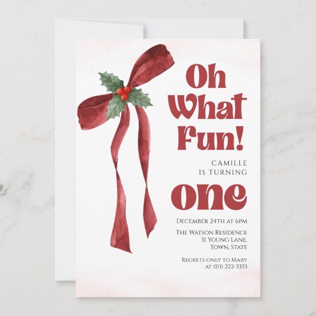 Invitación Oh what fun Bow christmas girl birthday  (Anverso)